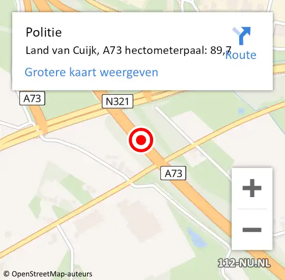 Locatie op kaart van de 112 melding: Politie Land van Cuijk, A73 hectometerpaal: 89,7 op 27 december 2023 17:28