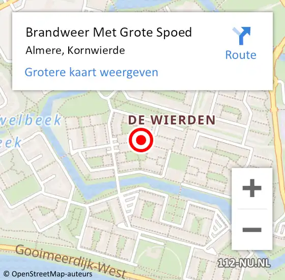 Locatie op kaart van de 112 melding: Brandweer Met Grote Spoed Naar Almere, Kornwierde op 27 december 2023 17:51