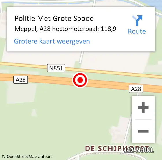 Locatie op kaart van de 112 melding: Politie Met Grote Spoed Naar Meppel, A28 hectometerpaal: 118,9 op 28 december 2023 07:29