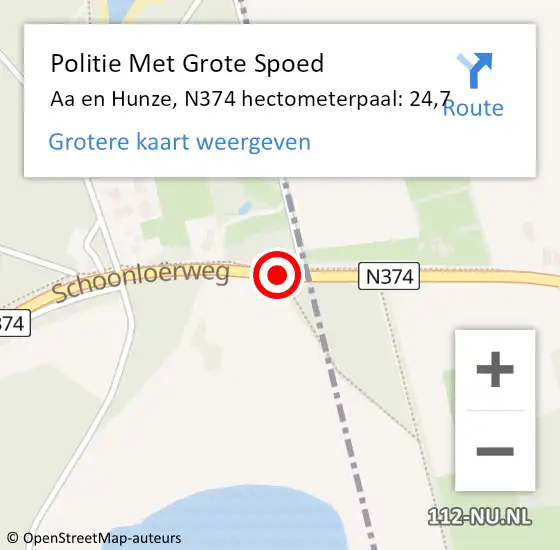 Locatie op kaart van de 112 melding: Politie Met Grote Spoed Naar Aa en Hunze, N374 hectometerpaal: 24,7 op 29 december 2023 08:23