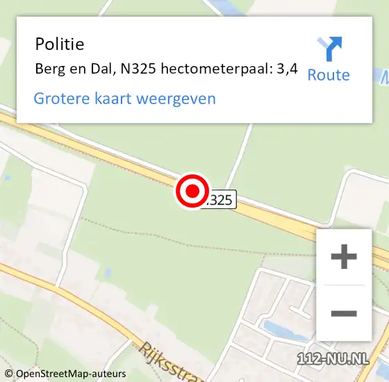 Locatie op kaart van de 112 melding: Politie Berg en Dal, N325 hectometerpaal: 3,4 op 29 december 2023 13:58