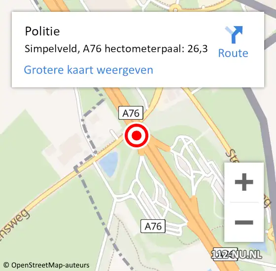 Locatie op kaart van de 112 melding: Politie Simpelveld, A76 hectometerpaal: 26,3 op 29 december 2023 18:07