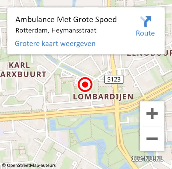 Locatie op kaart van de 112 melding: Ambulance Met Grote Spoed Naar Rotterdam, Heymansstraat op 31 december 2023 16:37