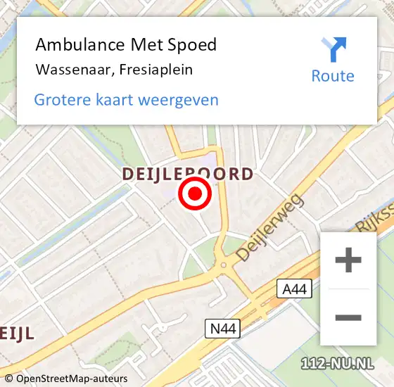 Locatie op kaart van de 112 melding: Ambulance Met Spoed Naar Wassenaar, Fresiaplein op 31 december 2023 21:02