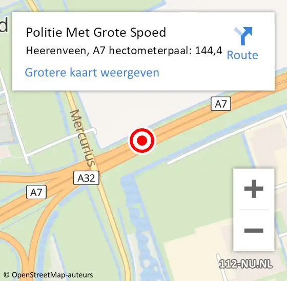 Locatie op kaart van de 112 melding: Politie Met Grote Spoed Naar Heerenveen, A7 hectometerpaal: 144,4 op 31 december 2023 22:18
