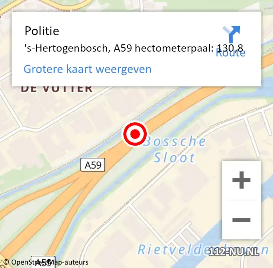 Locatie op kaart van de 112 melding: Politie 's-Hertogenbosch, A59 hectometerpaal: 130,8 op 31 december 2023 23:33