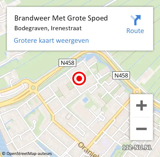Locatie op kaart van de 112 melding: Brandweer Met Grote Spoed Naar Bodegraven, Irenestraat op 1 januari 2024 00:46