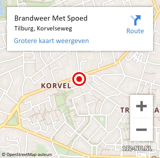 Locatie op kaart van de 112 melding: Brandweer Met Spoed Naar Tilburg, Korvelseweg op 1 januari 2024 00:56