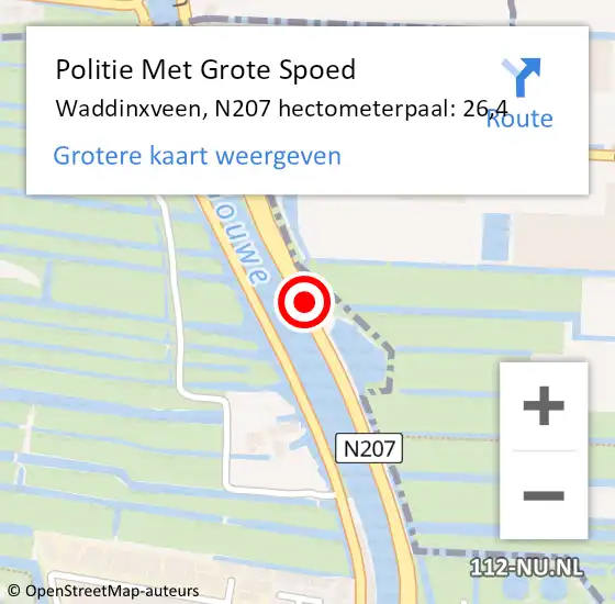 Locatie op kaart van de 112 melding: Politie Met Grote Spoed Naar Waddinxveen, N207 hectometerpaal: 26,4 op 1 januari 2024 01:29