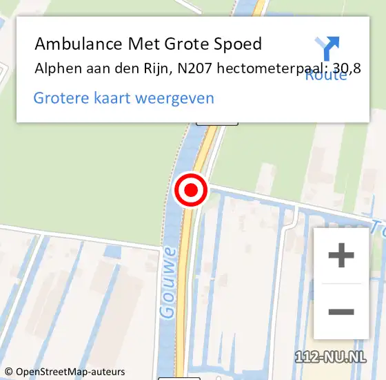 Locatie op kaart van de 112 melding: Ambulance Met Grote Spoed Naar Alphen aan den Rijn, N207 hectometerpaal: 30,8 op 1 januari 2024 01:34
