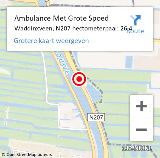 Locatie op kaart van de 112 melding: Ambulance Met Grote Spoed Naar Waddinxveen, N207 hectometerpaal: 26,4 op 1 januari 2024 01:38