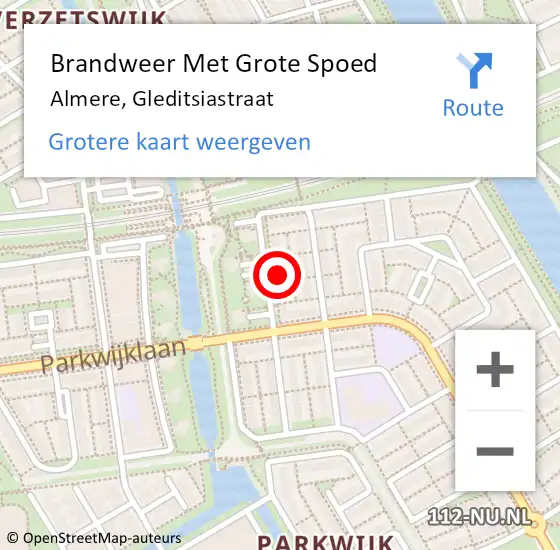 Locatie op kaart van de 112 melding: Brandweer Met Grote Spoed Naar Almere, Gleditsiastraat op 1 januari 2024 12:22