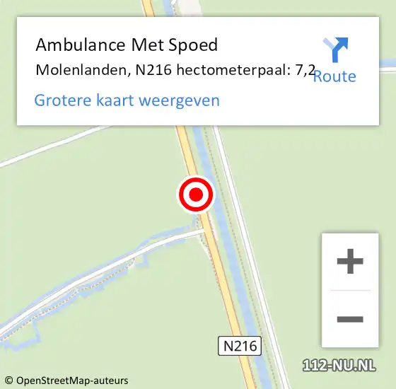 Locatie op kaart van de 112 melding: Ambulance Met Spoed Naar Molenlanden, N216 hectometerpaal: 7,2 op 1 januari 2024 13:42
