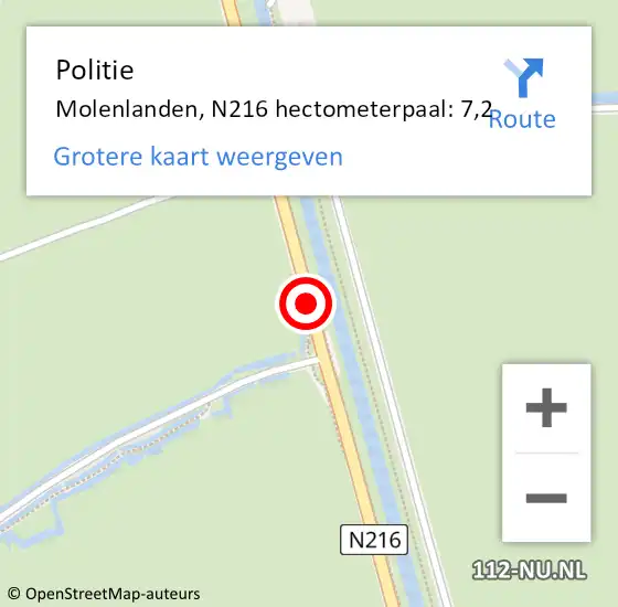 Locatie op kaart van de 112 melding: Politie Molenlanden, N216 hectometerpaal: 7,2 op 1 januari 2024 13:42