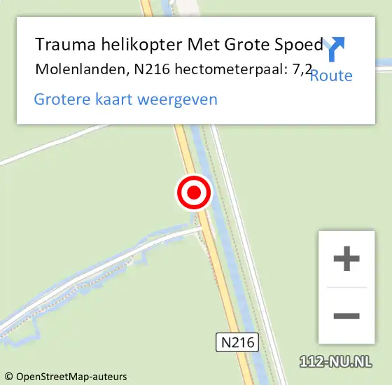 Locatie op kaart van de 112 melding: Trauma helikopter Met Grote Spoed Naar Molenlanden, N216 hectometerpaal: 7,2 op 1 januari 2024 13:56