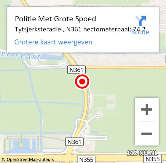 Locatie op kaart van de 112 melding: Politie Met Grote Spoed Naar Tytsjerksteradiel, N361 hectometerpaal: 74,2 op 1 januari 2024 14:01