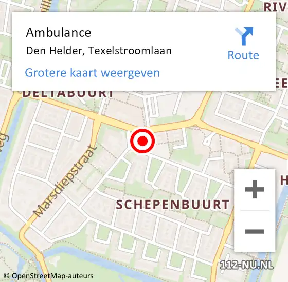 Locatie op kaart van de 112 melding: Ambulance Den Helder, Texelstroomlaan op 2 januari 2024 10:22