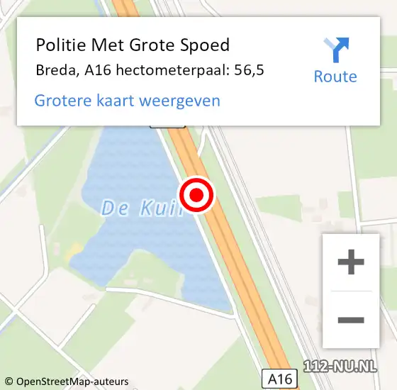 Locatie op kaart van de 112 melding: Politie Met Grote Spoed Naar Breda, A16 hectometerpaal: 56,5 op 2 januari 2024 21:33