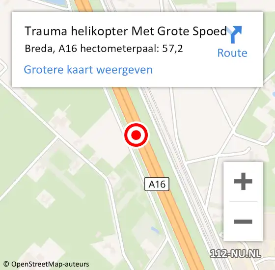 Locatie op kaart van de 112 melding: Trauma helikopter Met Grote Spoed Naar Breda, A16 hectometerpaal: 57,2 op 2 januari 2024 21:34