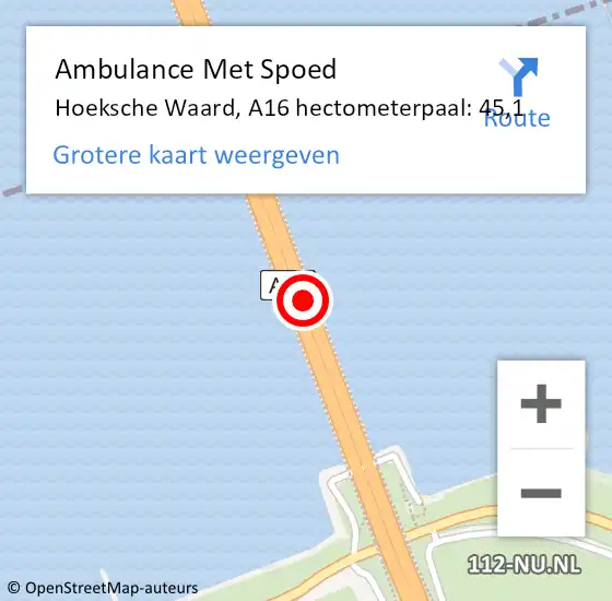 Locatie op kaart van de 112 melding: Ambulance Met Spoed Naar Hoeksche Waard, A16 hectometerpaal: 45,1 op 3 januari 2024 07:36