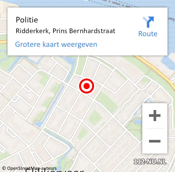 Locatie op kaart van de 112 melding: Politie Ridderkerk, Prins Bernhardstraat op 3 januari 2024 17:45