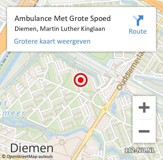 Locatie op kaart van de 112 melding: Ambulance Met Grote Spoed Naar Diemen, Martin Luther Kinglaan op 3 januari 2024 23:05