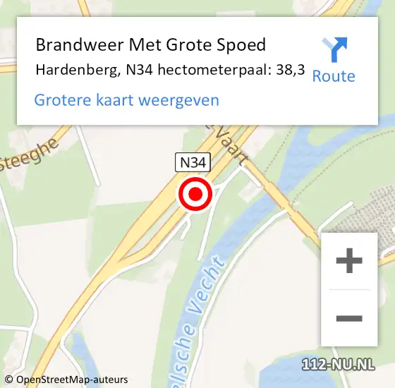 Locatie op kaart van de 112 melding: Brandweer Met Grote Spoed Naar Hardenberg, N34 hectometerpaal: 38,3 op 4 januari 2024 10:45