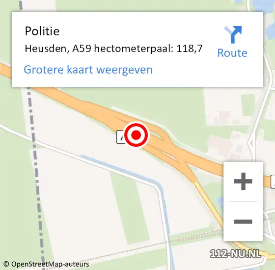 Locatie op kaart van de 112 melding: Politie Heusden, A59 hectometerpaal: 118,7 op 4 januari 2024 14:03
