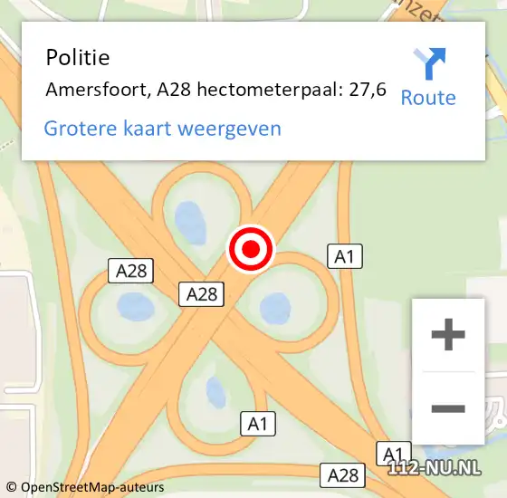 Locatie op kaart van de 112 melding: Politie Amersfoort, A28 hectometerpaal: 27,6 op 6 januari 2024 01:02