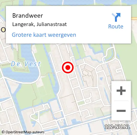 Locatie op kaart van de 112 melding: Brandweer Langerak, Julianastraat op 6 januari 2024 06:46