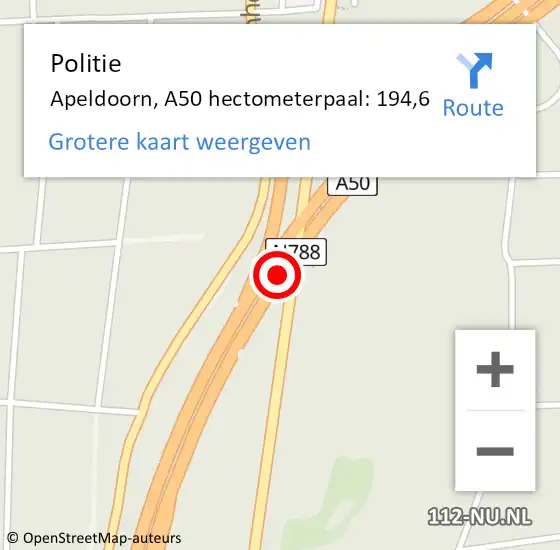 Locatie op kaart van de 112 melding: Politie Apeldoorn, A50 hectometerpaal: 194,6 op 6 januari 2024 08:08