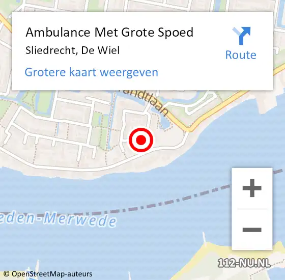 Locatie op kaart van de 112 melding: Ambulance Met Grote Spoed Naar Sliedrecht, De Wiel op 7 januari 2024 11:02