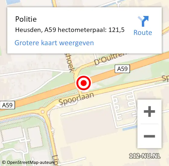 Locatie op kaart van de 112 melding: Politie Heusden, A59 hectometerpaal: 121,5 op 7 januari 2024 20:08