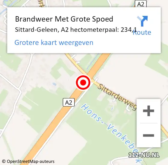Locatie op kaart van de 112 melding: Brandweer Met Grote Spoed Naar Sittard-Geleen, A2 hectometerpaal: 234,1 op 8 januari 2024 11:10