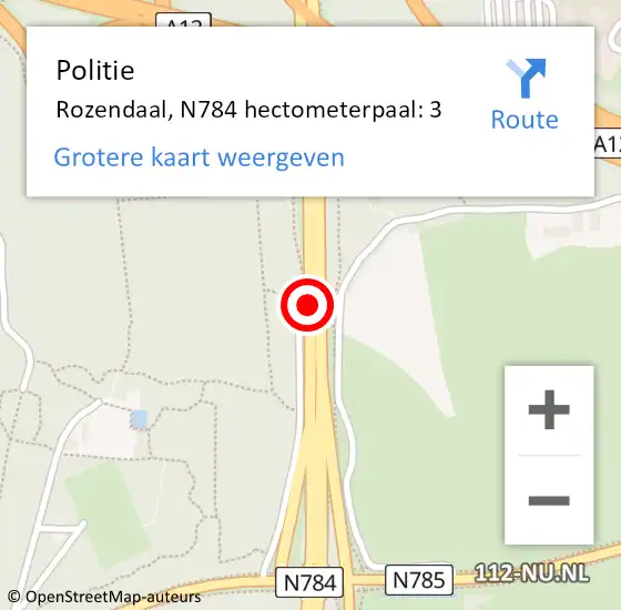 Locatie op kaart van de 112 melding: Politie Rozendaal, N784 hectometerpaal: 3 op 8 januari 2024 17:03