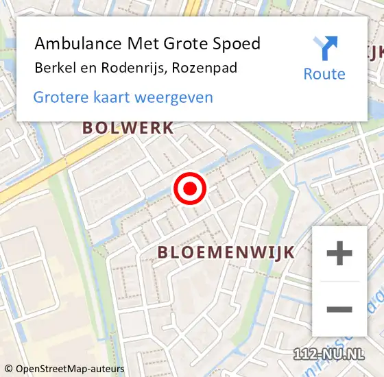 Locatie op kaart van de 112 melding: Ambulance Met Grote Spoed Naar Berkel en Rodenrijs, Rozenpad op 8 januari 2024 23:12