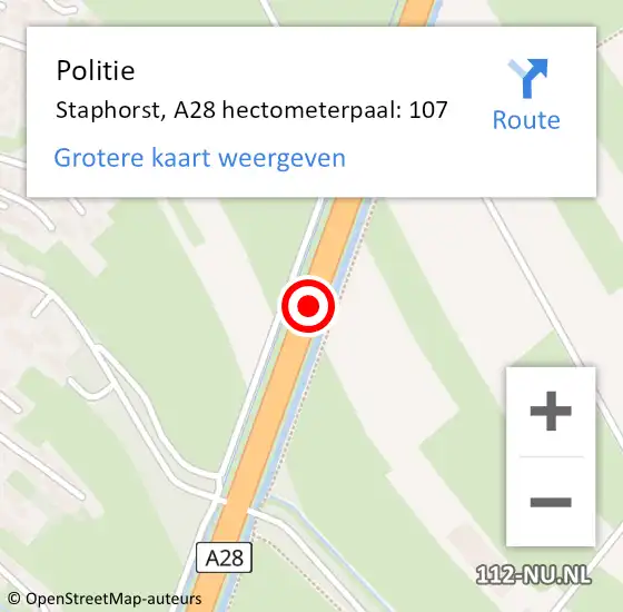 Locatie op kaart van de 112 melding: Politie Staphorst, A28 hectometerpaal: 107 op 9 januari 2024 07:56