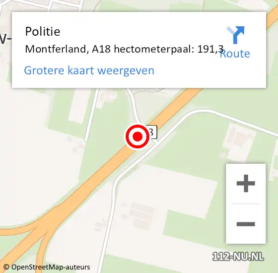 Locatie op kaart van de 112 melding: Politie Montferland, A18 hectometerpaal: 191,3 op 9 januari 2024 10:50
