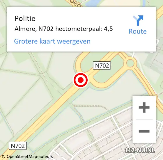 Locatie op kaart van de 112 melding: Politie Almere, N702 hectometerpaal: 4,5 op 9 januari 2024 16:33