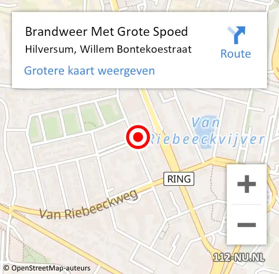 Locatie op kaart van de 112 melding: Brandweer Met Grote Spoed Naar Hilversum, Willem Bontekoestraat op 9 januari 2024 19:40