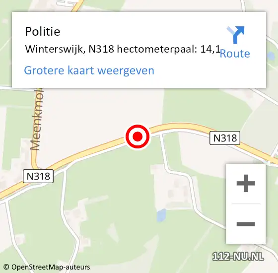 Locatie op kaart van de 112 melding: Politie Winterswijk, N318 hectometerpaal: 14,1 op 9 januari 2024 23:58