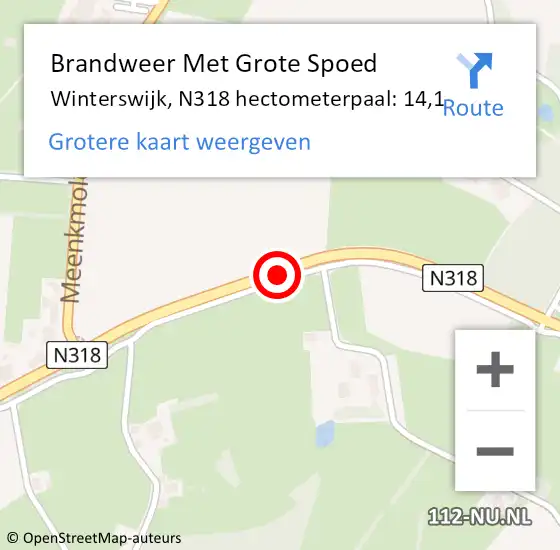 Locatie op kaart van de 112 melding: Brandweer Met Grote Spoed Naar Winterswijk, N318 hectometerpaal: 14,1 op 10 januari 2024 00:05