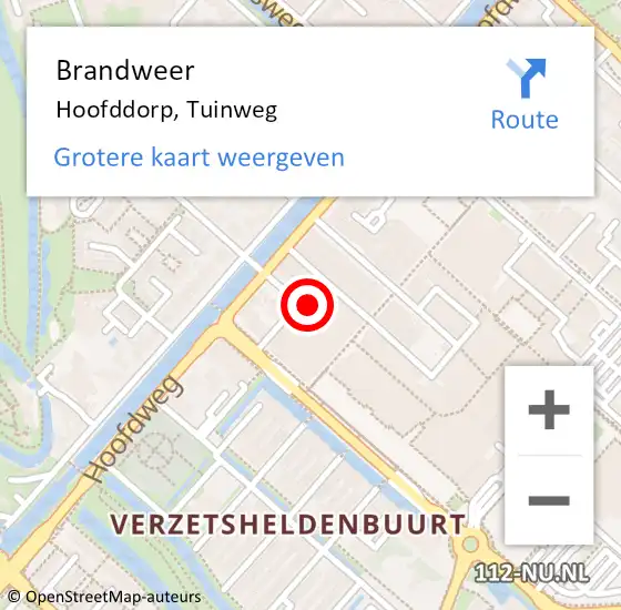 Locatie op kaart van de 112 melding: Brandweer Hoofddorp, Tuinweg op 10 januari 2024 09:53