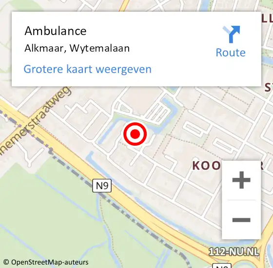 Locatie op kaart van de 112 melding: Ambulance Alkmaar, Wytemalaan op 10 januari 2024 10:43
