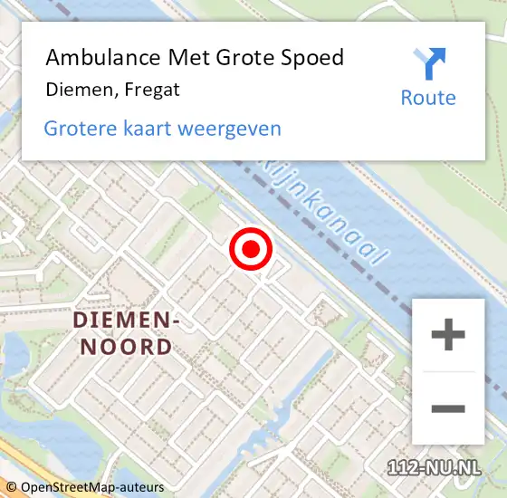 Locatie op kaart van de 112 melding: Ambulance Met Grote Spoed Naar Diemen, Fregat op 10 januari 2024 12:42