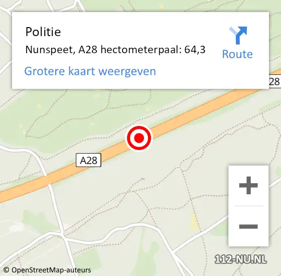 Locatie op kaart van de 112 melding: Politie Nunspeet, A28 hectometerpaal: 64,3 op 11 januari 2024 09:05