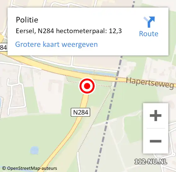 Locatie op kaart van de 112 melding: Politie Eersel, N284 hectometerpaal: 12,3 op 11 januari 2024 10:25