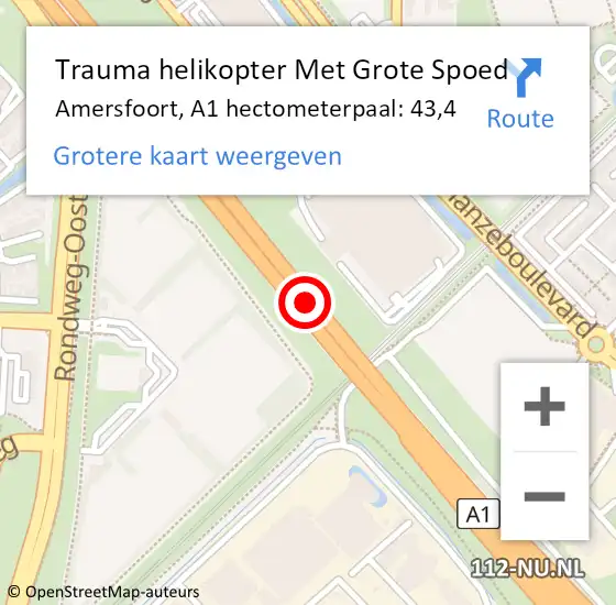 Locatie op kaart van de 112 melding: Trauma helikopter Met Grote Spoed Naar Amersfoort, A1 hectometerpaal: 43,4 op 11 januari 2024 17:47
