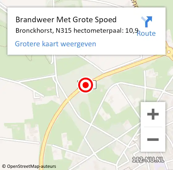 Locatie op kaart van de 112 melding: Brandweer Met Grote Spoed Naar Bronckhorst, N315 hectometerpaal: 10,9 op 11 januari 2024 18:25