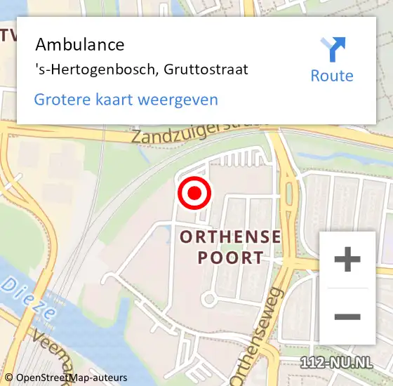 Locatie op kaart van de 112 melding: Ambulance 's-Hertogenbosch, Gruttostraat op 11 januari 2024 18:28